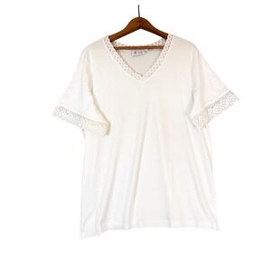 Denim & Co White 100% Cotton Crocheted Lace Trim V-Neck Tee XL Cottagecore